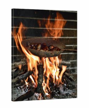 chestnuts roasting in the flames of a log fire