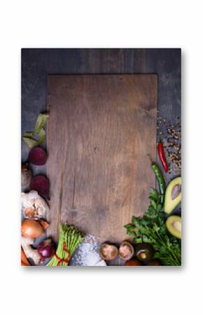 Healthy food background  on wooden board. Vegetable menu. Top view, copy space.