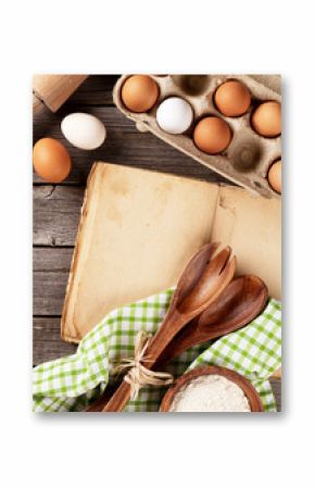 Vintage recipe book, utensils and ingredients
