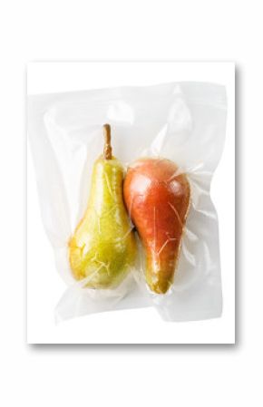 Vacuum sealed fresh pears for sous vide cooking cutout on white
