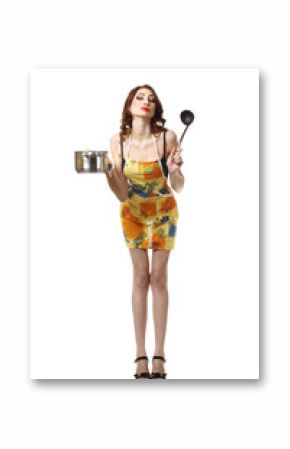 housewife tries a soup. woman in an apron with a saucepan. sexy girl in lingerie having fun with saucepan