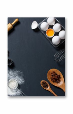 Baking background with eggs, floor and kitchen tools