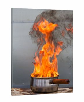 Vertical shot of saucepan on fire