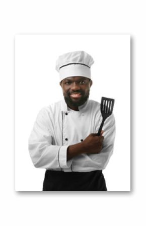 African American chef in uniform on white background