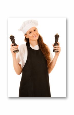 Beautiful chef woman holding salt and pepper grinder isolated over white background