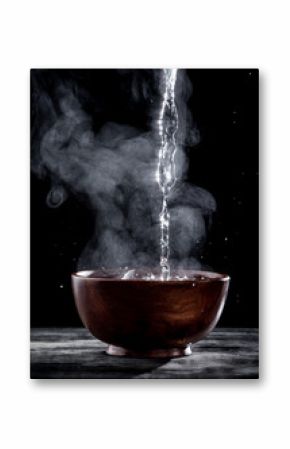 Pouring hot water into into a bowl on a black background