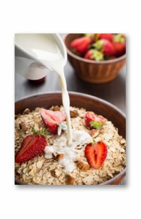 Healthy Breakfast of Milk and Oats with Strawberries