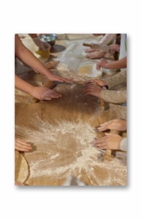 Blurred photo of people cooking cake at cooking classes