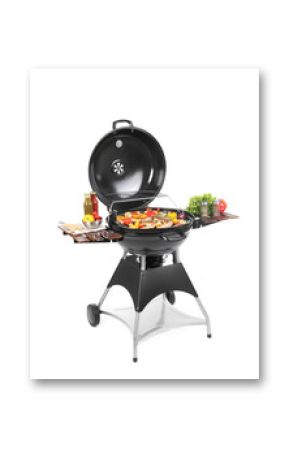 Modern barbecue grill with tasty food on white background