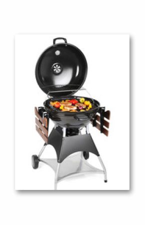 Modern barbecue grill with tasty food on white background