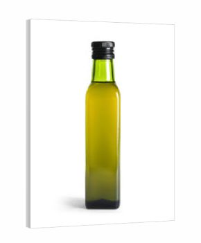 Glass bottle with fresh olive oil on white background