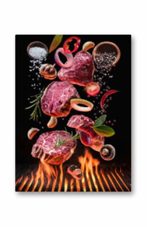 Raw beef steaks with vegetables and spices fly over the blazing grill barbecue fire.