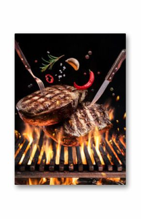 Beef steaks with spices fly over the blazing grill barbecue fire.
