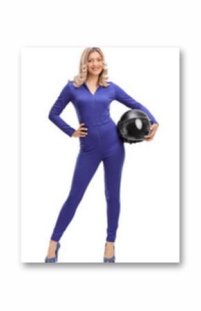 Woman car racer in a blue racing suit