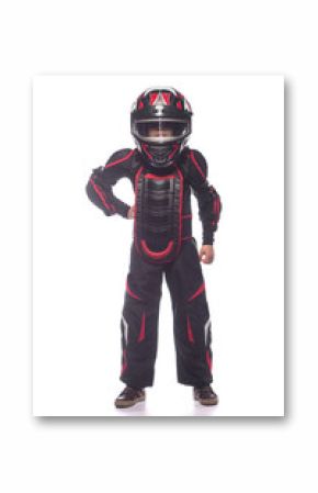 Race car or bike driver. The boy in the costume of the racer isolated on white background