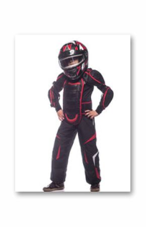 Race car or bike driver. The boy in the costume of the racer isolated on white background