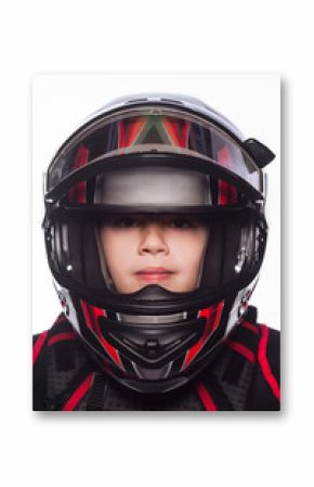 Race car or bike driver. The boy in the costume of the racer isolated on white background