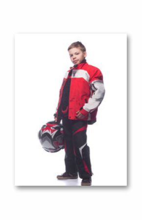 Race car or bike driver. The boy in the costume of the racer isolated on white background