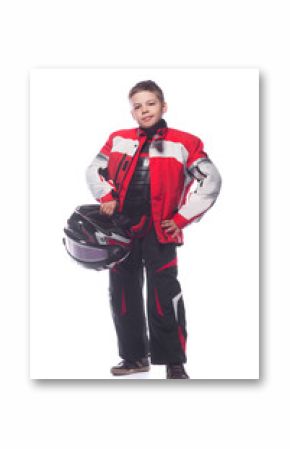 Race car or bike driver. The boy in the costume of the racer isolated on white background