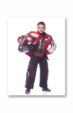 Race car or bike driver. The boy in the costume of the racer isolated on white background