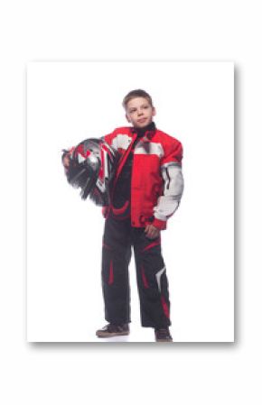 Race car or bike driver. The boy in the costume of the racer isolated on white background