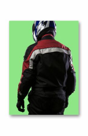 Male wearing protective leather and textile suit for racing race cars or motorcycles.  The armor is worn in professional motor sports.  The man is on a green screen or chroma key background.