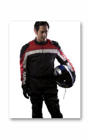 Man wearing a protective leather and textile racing suit for race cars and motorcycle motor sports.  The gear is armored with a helmet and worn by bikers and professional drivers.