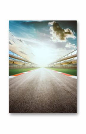 View of the infinity empty asphalt international race track, digital imaging recomposition montage background . evening scene .