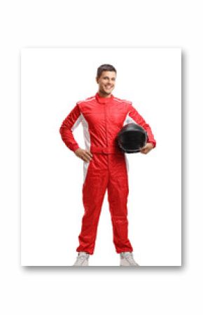 Racer standing and holding a helmet