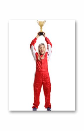 Foyful female racer holding a golden trophy