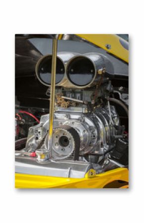 blower supercharger in a dragster engine bay