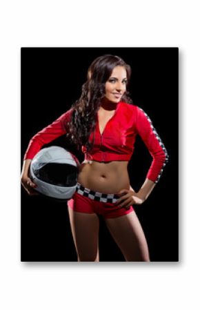 Young girl in red racing costume