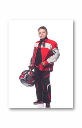 Race car or bike driver. The boy in the costume of the racer isolated on white background