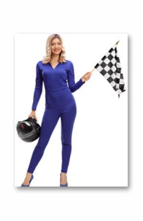 Racing woman holding a checkered race flag