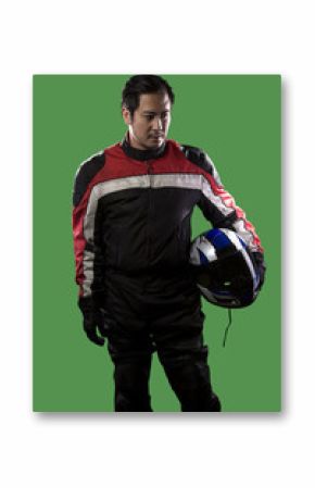 Male wearing protective leather and textile suit for racing race cars or motorcycles.  The armor is worn in professional motor sports.  The man is on a green screen or chroma key background.