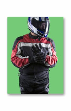 Male wearing protective leather and textile suit for racing race cars or motorcycles.  The armor is worn in professional motor sports.  The man is on a green screen or chroma key background.