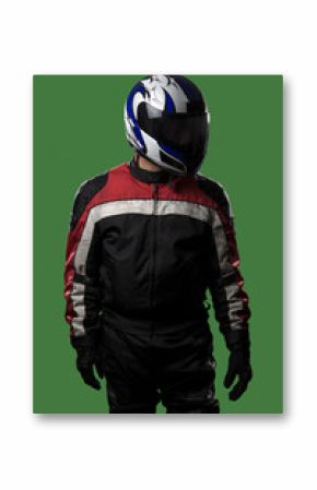 Male wearing protective leather and textile suit for racing race cars or motorcycles.  The armor is worn in professional motor sports.  The man is on a green screen or chroma key background.