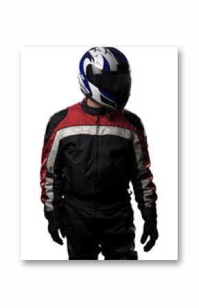 Man wearing a protective leather and textile racing suit for race cars and motorcycle motor sports.  The gear is armored with a helmet and worn by bikers and professional drivers.