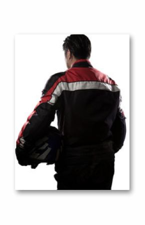 Man wearing a protective leather and textile racing suit for race cars and motorcycle motor sports.  The gear is armored with a helmet and worn by bikers and professional drivers.