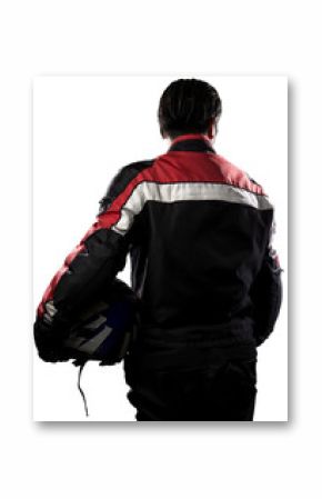 Man wearing a protective leather and textile racing suit for race cars and motorcycle motor sports.  The gear is armored with a helmet and worn by bikers and professional drivers.