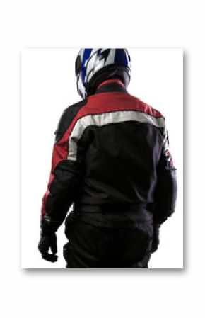 Man wearing a protective leather and textile racing suit for race cars and motorcycle motor sports.  The gear is armored with a helmet and worn by bikers and professional drivers.