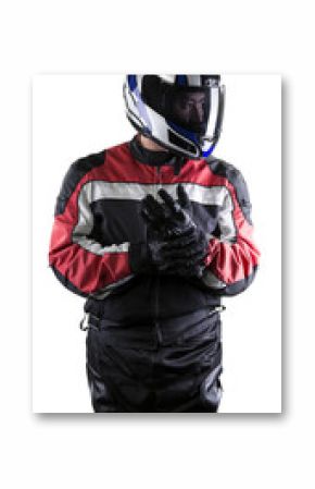 Man wearing a protective leather and textile racing suit for race cars and motorcycle motor sports.  The gear is armored with a helmet and worn by bikers and professional drivers.