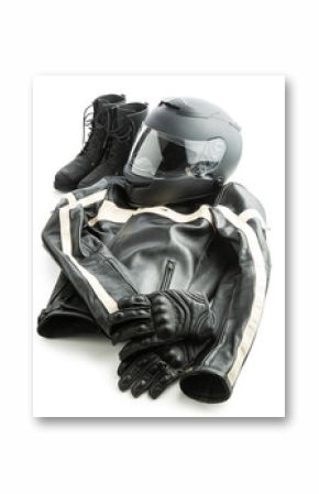 Motorcycle helmet, gloves, jacket and boots.