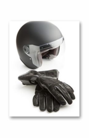 Motorcycle gloves and helmet.