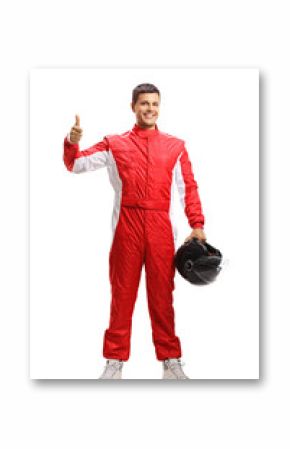 Car racer in a suit showing thumbs up