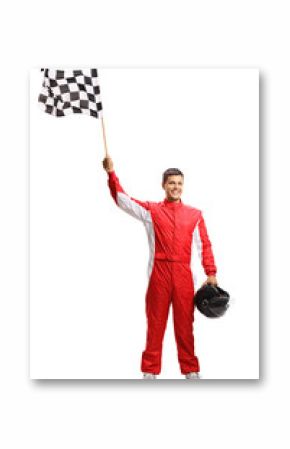 Racer holding a checkered flag and a helmet