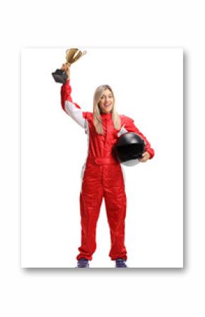 Female racer winner with a golden trophy cup