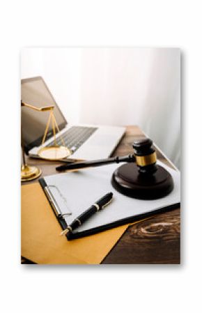 justice and law concept.Male judge in a courtroom on wooden table and Counselor or Male lawyer working in office. Legal law, advice and justice concept.