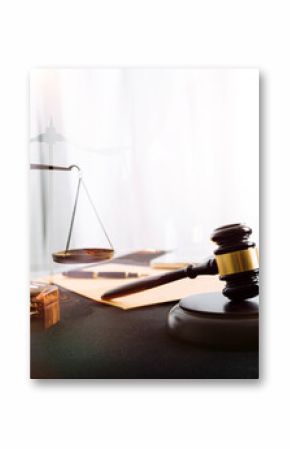 Business and lawyers discussing contract papers with brass scale on desk in office. Law, legal services, advice, justice and law concept picture with film grain effect