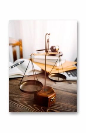 Business and lawyers discussing contract papers with brass scale on desk in office. Law, legal services, advice, justice and law concept